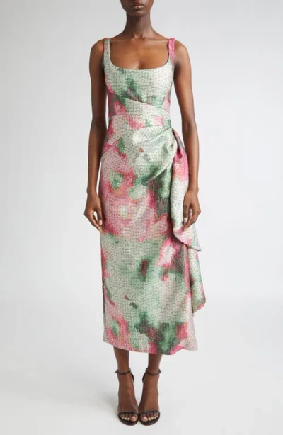 Lela Rose Florence Scoop Neck Textured Satin Sheath Dress In Green