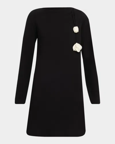 Lela Rose Flower Applique Long-sleeve Fluid Crepe Mini Dress In Black