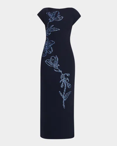 Lela Rose Flower Embroidered Fluid Crepe Maxi Dress In Blue