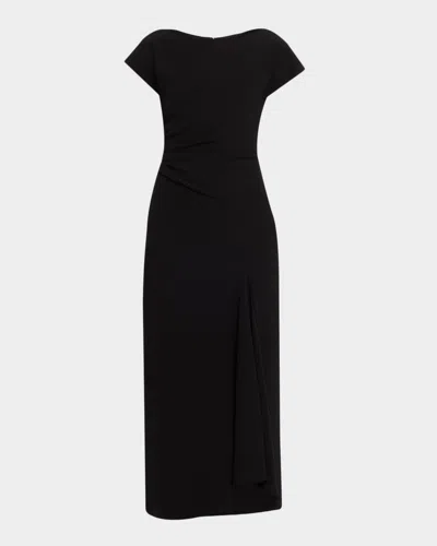 Lela Rose Fluid Crepe Cascading Godet Midi Dress In Black