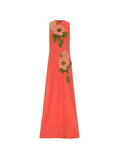 Lela Rose Francie Peony-embroidered Gown Dress In Orange