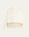 Lela Rose Fringe Button Down Crop Top In Winter White