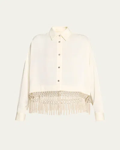 Lela Rose Fringe Button Down Crop Top In Winter White