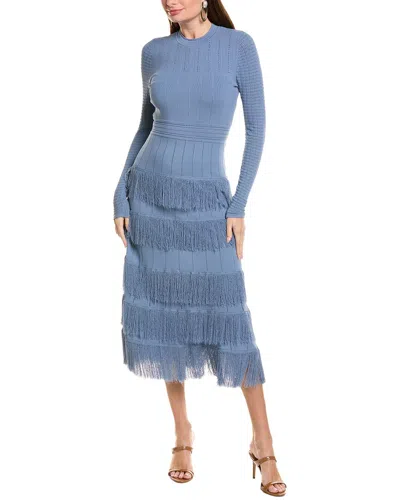 Lela Rose Fringe Detail Knit Piper Midi Dress In Blue