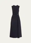 Lela Rose Gathered Midi Dress With Button In Navy