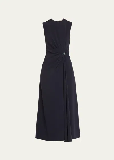 Lela Rose Gathered Midi Dress With Button In Navy