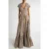 Lela Rose Gingham Check Gathered Shoulder Gown In Walnut