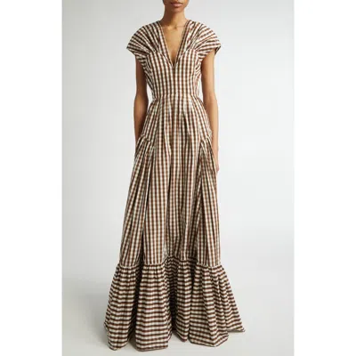 Lela Rose Gingham Check Gathered Shoulder Gown In Walnut