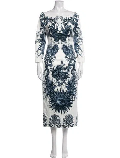 Pre-owned Lela Rose Graphic Print Midi Length Dress In White