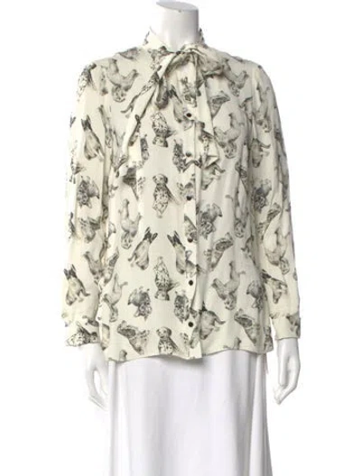 Pre-owned Lela Rose Graphic Print Tie Neck Blouse In Neutral
