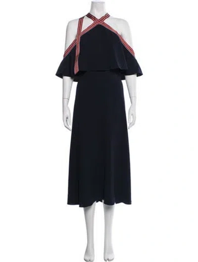 Pre-owned Lela Rose Halterneck Midi Length Dress In Blue