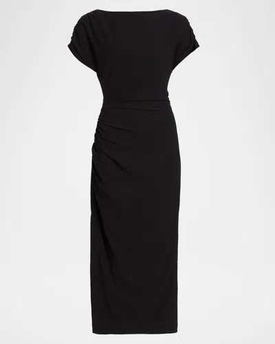 Lela Rose High-neck Short-sleeve Ruched Midi Dress In Blue