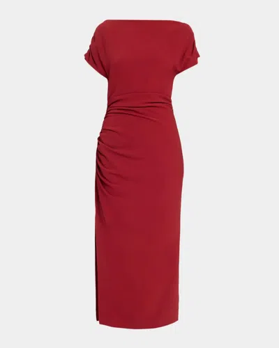 Lela Rose High-neck Ruched Fluid Crepe Slit Midi Dress In Wine