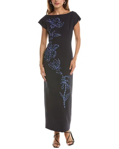 Lela Rose Ikat Floral Embroidered Fluid Crepe Sheath Dress In Blue