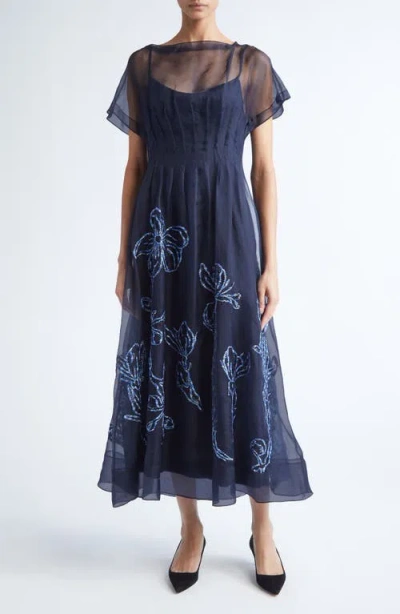 Lela Rose Ikat Floral Embroidered Silk Organza Dress In Blue
