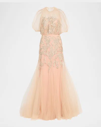 Lela Rose Ikat Floral Embroidered Tulle Trumpet Gown In Pink