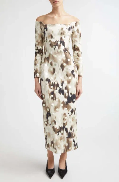 Lela Rose Ikat Polka Dot Off The Shoulder Midi Dress In Multi