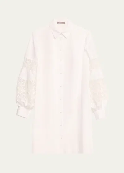 Lela Rose Lace-inset Blouson-sleeve Shirt Dress In Ivory