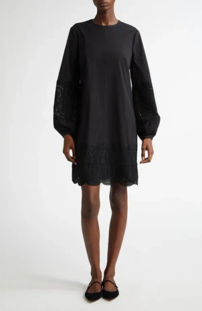Lela Rose Lace Inset Long Sleeve Poplin Shift Dress In Black | ModeSens