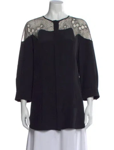 Pre-owned Lela Rose Lace Pattern Crew Neck Blouse In Black