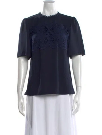 Pre-owned Lela Rose Lace Pattern Crew Neck Blouse In Blue