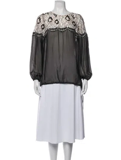 Pre-owned Lela Rose Lace Pattern Crew Neck Blouse In Blue