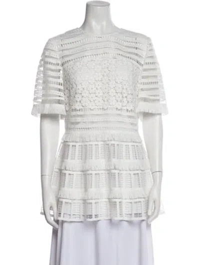 Pre-owned Lela Rose Lace Pattern Crew Neck Blouse In White