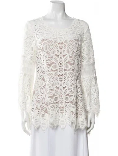 Pre-owned Lela Rose Lace Pattern Crew Neck Blouse In White