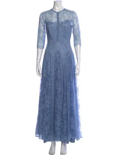 Pre-owned Lela Rose Lace Pattern Long Dress In Blue