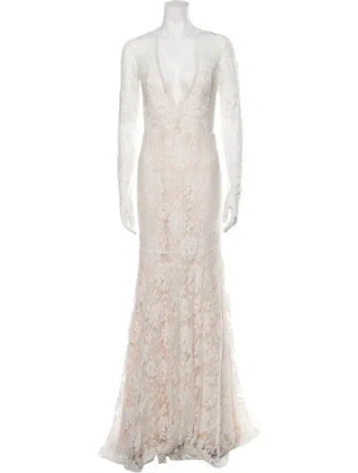 Pre-owned Lela Rose Lace Pattern Long Dress In Neutral