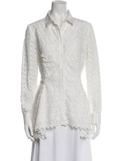 Pre-owned Lela Rose Lace Pattern Long Sleeve Blouse In White