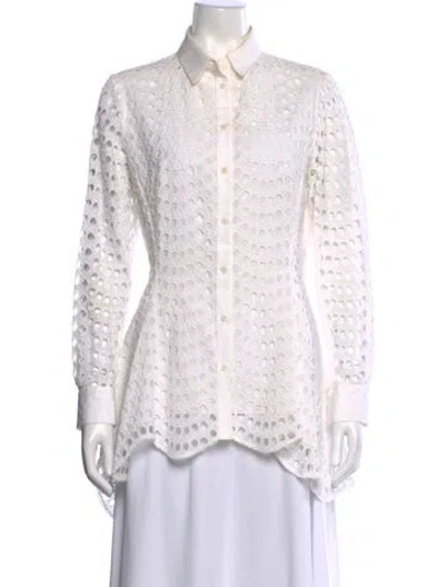 Pre-owned Lela Rose Lace Pattern Long Sleeve Blouse In White
