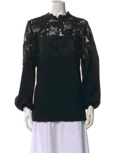 Pre-owned Lela Rose Lace Pattern Mock Neck Blouse In Black