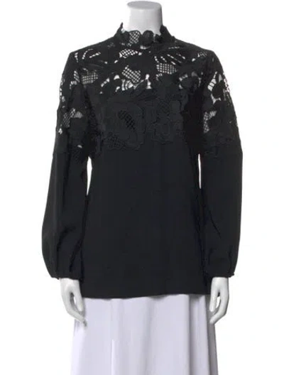 Pre-owned Lela Rose Lace Pattern Mock Neck Blouse In Black