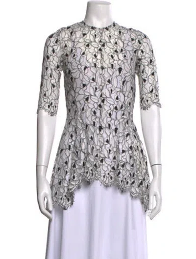 Pre-owned Lela Rose Lace Pattern Mock Neck Blouse In White