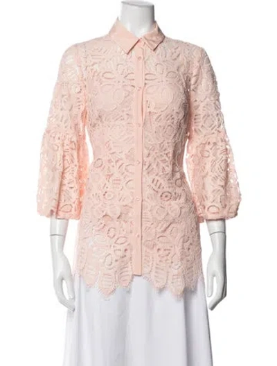 Pre-owned Lela Rose Lace Pattern Three-quarter Sleeve Blouse In Pink