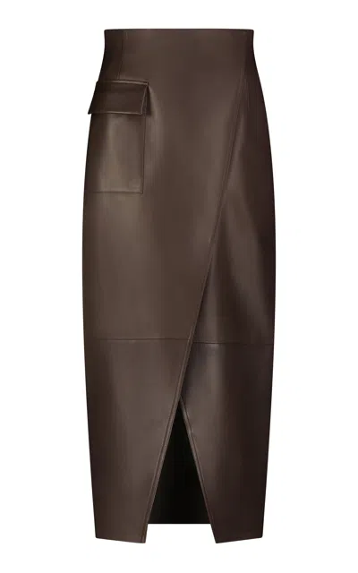 Lela Rose Leather Asymmetrical Pencil Skirt In Brown