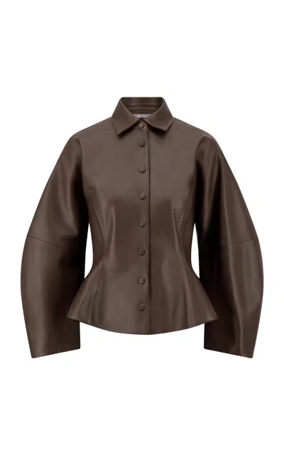 Lela Rose Leather Peplum Jacket In Brown