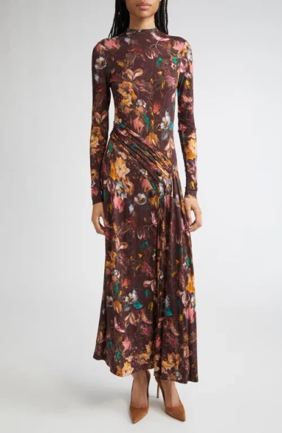 Lela Rose Long Sleeve Floral Draped Front Jersey Maxi Dress In Multi