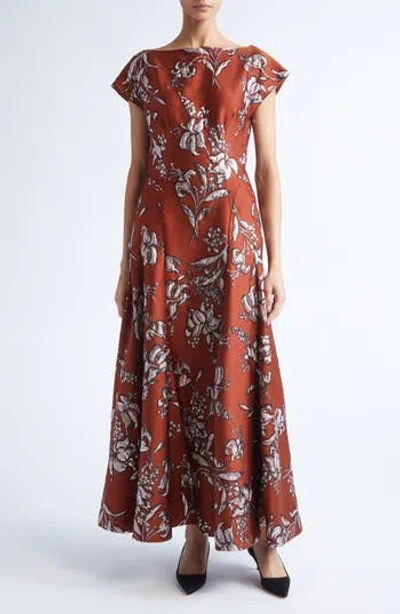 Lela Rose Metallic Floral Brocade A-line Gown In Brown