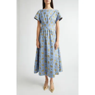 Lela Rose Metallic Floral Cotton Blend Jacquard Midi Dress In Blue