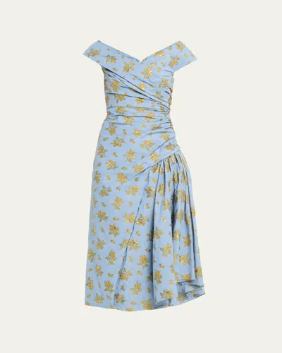 Lela Rose Metallic Floral Fil Coupe Draped V-neck Midi Dress In Blue