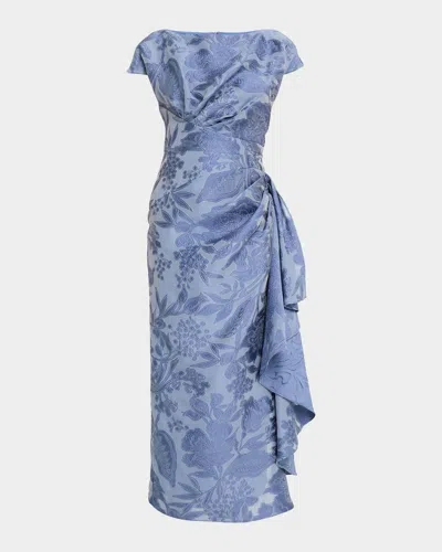 Lela Rose Metallic Floral Fil Coupe Draped V-neck Midi Dress In Blue
