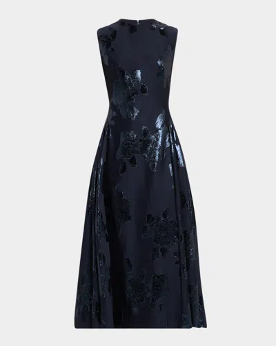 Lela Rose Metallic Floral Jacquard Sleeveless Midi Dress In Black