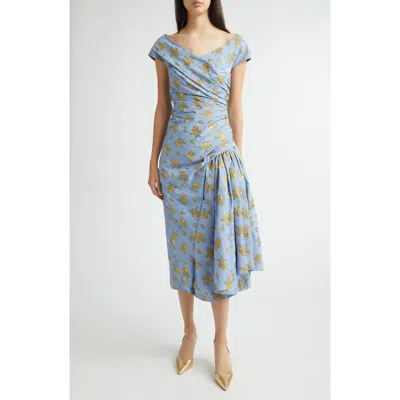 Lela Rose Metallic Floral Ruched Cotton Blend Jacquard Cocktail Dress In Blue