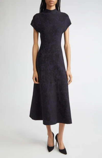 Lela Rose Mock Neck Floral Jacquard Midi Dress In Blue