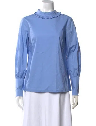 Pre-owned Lela Rose Mock Neck Long Sleeve Blouse In Blue