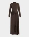 Lela Rose Mock-neck Long-sleeve Wrap-sash Midi Dress In Brown