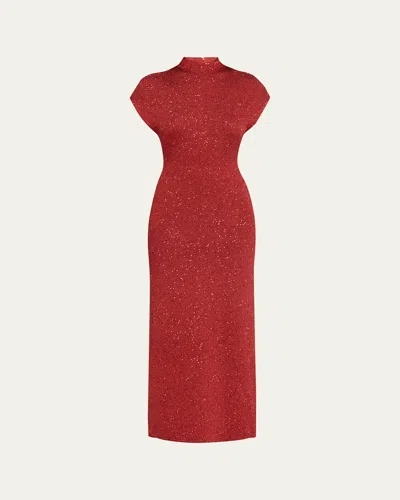 Lela Rose Mock-neck Sequin Knit Ankle Dress In Red