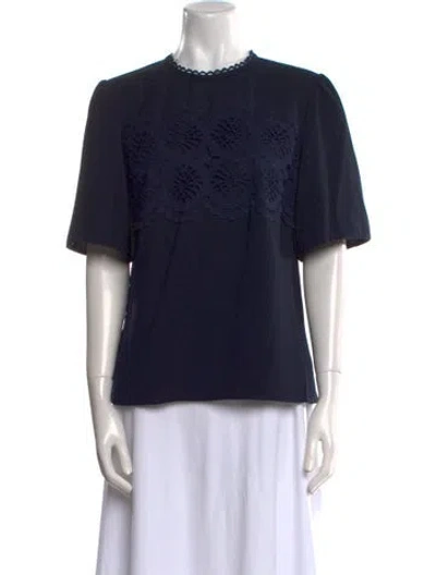 Pre-owned Lela Rose Mock Neck Short Sleeve Blouse In Blue